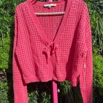 C&C California  100% Cotton Pink Open Knit Crochet Tie Front Cardigan Size Large Photo 2