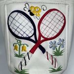 Handmade  VNTG Tennis Rackets Top Handle Tote Bag White Vinyl Emroidered Handbag Photo 4
