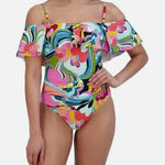 BCBGMAXAZRIA  Multi Ruffle Off The Shoulder One-piece Swimsuit Size M Photo 0