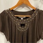 French Laundry Y2k chocolate brown flowy keyhole studded ruched sides bling bling top Photo 2