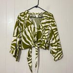 H&M Linen Top Tie-Detail Womens Cream 3/4 Balloon Sleeve Button Front Size L Photo 2