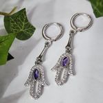 Silver Steel with Purple / Clear Zirconia Hamsa Hand Huggie Hoop Earrings Photo 0