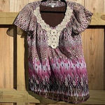 Dress Barn  Blouse Size M Burgundy, Pink, White Geometric Print w/Lace Around Neck Photo 0