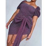 Pretty Little Thing Purple Metallic Sparkly Bow Tie Puff Sleeve Mini Dress Size 16 Photo 3
