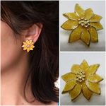 Vintage Enamel Flower Earrings, Yellow and Gold Glitter Floral Orange Photo 1