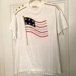 VINTAGE 90s Bedazzled American Flag Tee Sz Medium Oversized Studs Sequins Glam Blue Photo 2