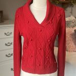 Evan Picone  Red Acrylic Pom Pom Sweater Cable Knit Women Small Christmas Holiday Photo 3