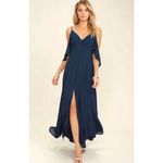 Lulus Navy Blue Ruffle V Neck Drapey Cold Shoulder Bridesmaid Maxi Dress Size S Photo 5