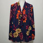 STYLUS Navy Floral Secretary Bow Tie Blouse Long Sleeve XL Retro Geek Blue Photo 1