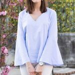 ZARA  Flare Bell Sleeve Striped Pinstripes V Neck Cotton Blue Blouse Top XS Photo 1