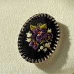 Vintage Black Purple Green Silver Floral Embroidered Needlepoint Oval Brooch Photo 4
