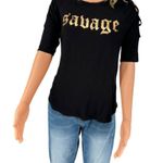 Raggs II Riches Rags II Riches Black T-Shirt Gold Savage Cold Shoulder Cut Out Large Photo 2