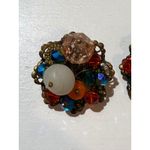Vintage Multicolor Beaded Flower Cluster Clip On Earrings Gold Tone Retro White Photo 2