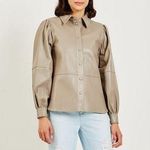 Ganni Fossil Brown Leather Snap Front Shirt Size 34 NWT Photo 0