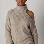 STAUD  Rockey Turtleneck Sweater Checkered Shoulder Cutout Frappe Tan Size Small Photo 0