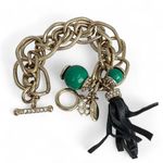 Ann Taylor  Charm Bracelet Gold Tone Chain Rhinestone Green Beads Leather Tassel Photo 0