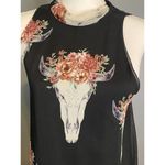 Pink Owl ‎ Black Floral Cow Skull Southwestern Dress Small Sheer lined Photo 3