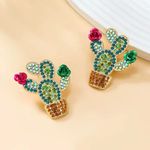 Colorful Rhinestones Design‎ Cactus Shaped Stud Earrings Alloy Gold Photo 4