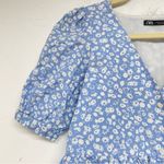 ZARA  Blue White Ditsy Floral Puff Sleeve Button Down Crop Top Blouse S Ruffled Photo 3