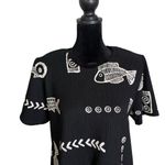 Artsy BOHO Black Top Women Size S Fish Doodle Print Crinkle Art To Wear Fashque Photo 5