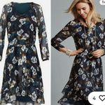 CAbi Navy Blue Pirouette Dress Ruffle Hem Sheer Sleeves Waist Tie M Photo 1