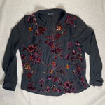 Roz & Ali | Black Button Down with Maroon Velvet Floral Accents | Large Photo 0