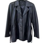 Jacqueline Ferrar WOMAN'S BLACK LEATHER JACKET BUTTON UP BELTED BLAZER Photo 1