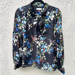 Parker Smith $248 Parker Long Sleeve Floral Print V-Neck Tie Top Blouse Black Women's Large Photo 1