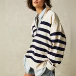 Free People  Coastal Stripe Pullover in Champagne Navy Blue Combo Photo 1