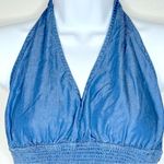 Bebe  Blue Denim Smocked Waist Cropped Halter Top Size‎ M/L Photo 2