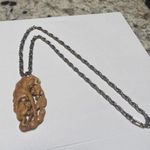 Carved Wood Pendant Forest Frog on Silver Tone Necklace Chain Photo 0