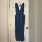 Indulge NWOT Wide Leg Blue Denim Neck Tie Side Cutout V-neck Jumpsuit Large Photo 1