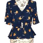 Nine Britton SMALL Floral Front Scrunch Tie Keyhole Stomach Flair Hip Blouse Photo 0