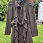 Ryu  Green Ruffled Wool Blend Buckle Mid Length Trench Coat Size S Photo 0