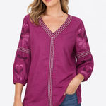 Charter Club  Embroidered Boho Peasant Top Magenta Cotton 3/4 Sleeve V-Neck Large Photo 0