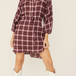 Wild Moss Women's Burgundy Long Sleeve Plaid Mini Shirt Dress M Pink Size M Photo 0