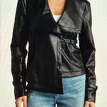 Draped Faux Ponte Black Leather Moto Jacket Asymmetrical for Women Small Photo 0