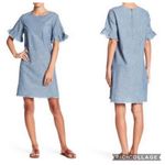 BeachLunchLounge Ruffle Sleeve Blue White Pinstriped Dress Fringe Hem Cotton XS Photo 1