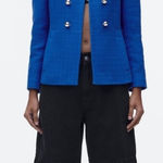 ZARA  Women Blue High Neck Double Breasted Textured Tailored Cotton Blazer Size M Photo 0