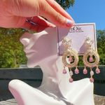 Noir crystals floral leaves circle pink drops gold tone drop earrings Photo 2