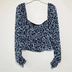 ZARA Blue Leopard Print Pleated Puff Long Sleeve Square Neck Crop Top Medium Photo 4