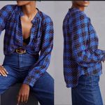 Anthropologie PILCRO Embroidered Plaid Button Up Long Sleeve Blouse Blue Sz S Photo 1