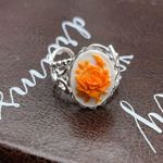Neon Orange Rose Floral Oval Cameo Silver Stainless Steel Open Back Ring Photo 6
