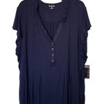 kim rogers  Navy Blue 4X Ruffle Henley V Neck Silver Buttons Flutter Sleeves Top Photo 0