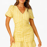 Skies Are Blue  Yellow Gingham Ruched Puff Sleeve Mini Dress M Photo 0