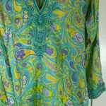 Barbara Gerwit Tunic Top Medium‎ Beaded Paisley Print Cotton Blouse Cover Up Blue Photo 0