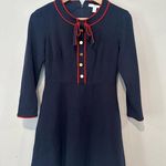 1901 Navy blue red bow a line fit flare long sleeve dress size 4P preppy 1096 Photo 0