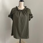 Como vintage Olive Green Ruffle Trim Top Bow Tie Neck Blouse Medium Photo 3