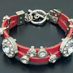Red Genuine Leather Rhinestone Charms 7 1/2” Toggle Bracelet 36g. Photo 8
