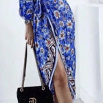 ZARA  Blue Floral Wrap Midi Dress Women’s Medium Bold Boho Resort Vacation Party Photo 0